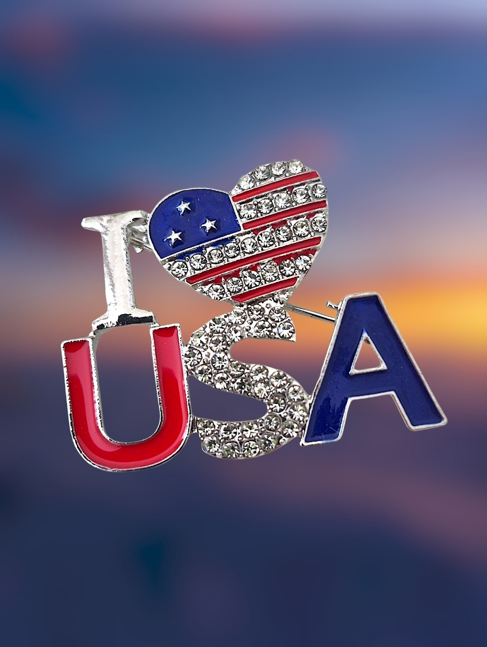 Patriotic Heart USA Flag Brooch - Red, Blue, Silver